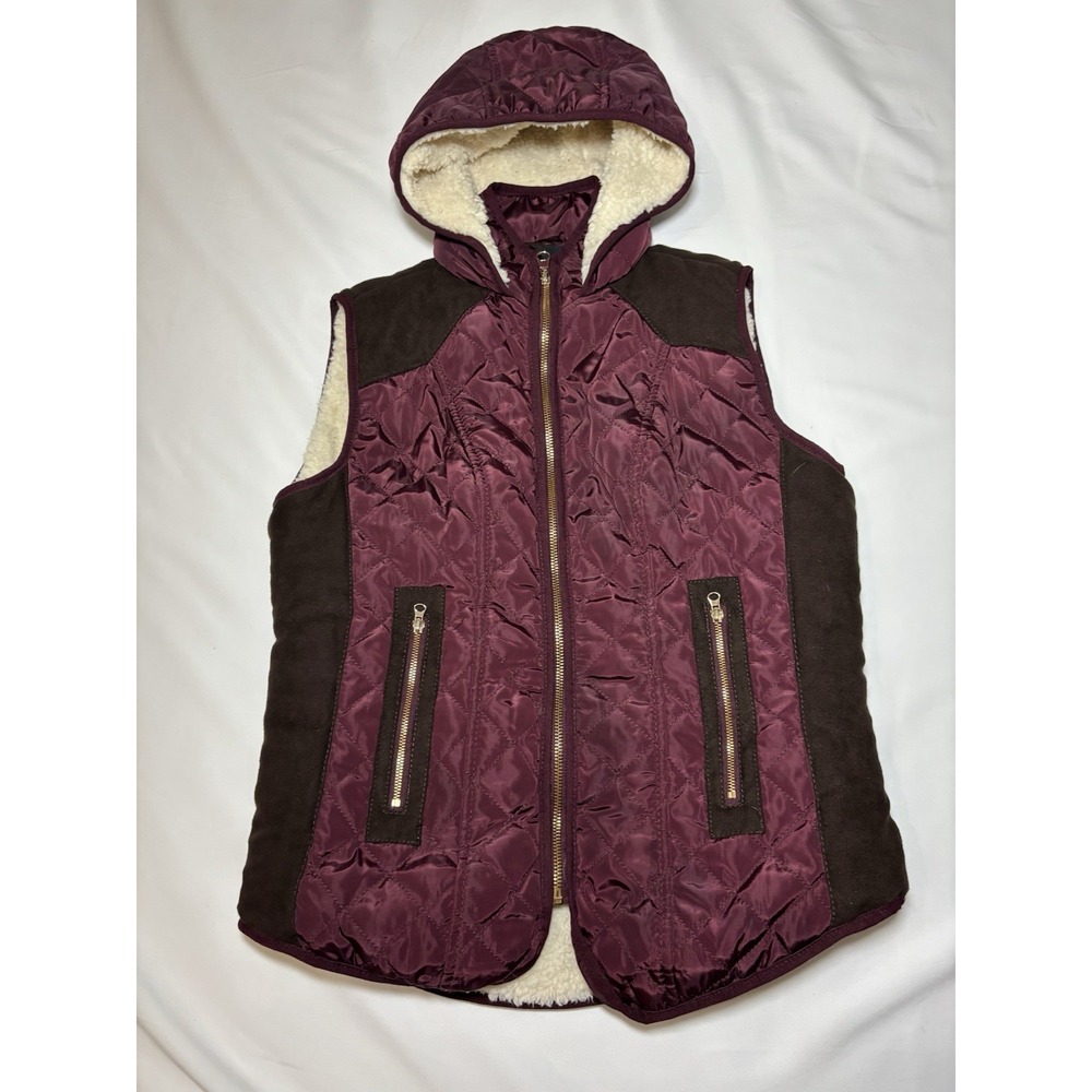 Ci Sono Women's M Wine Hooded Quilted Puffer Vest Full Zip Lined Pockets